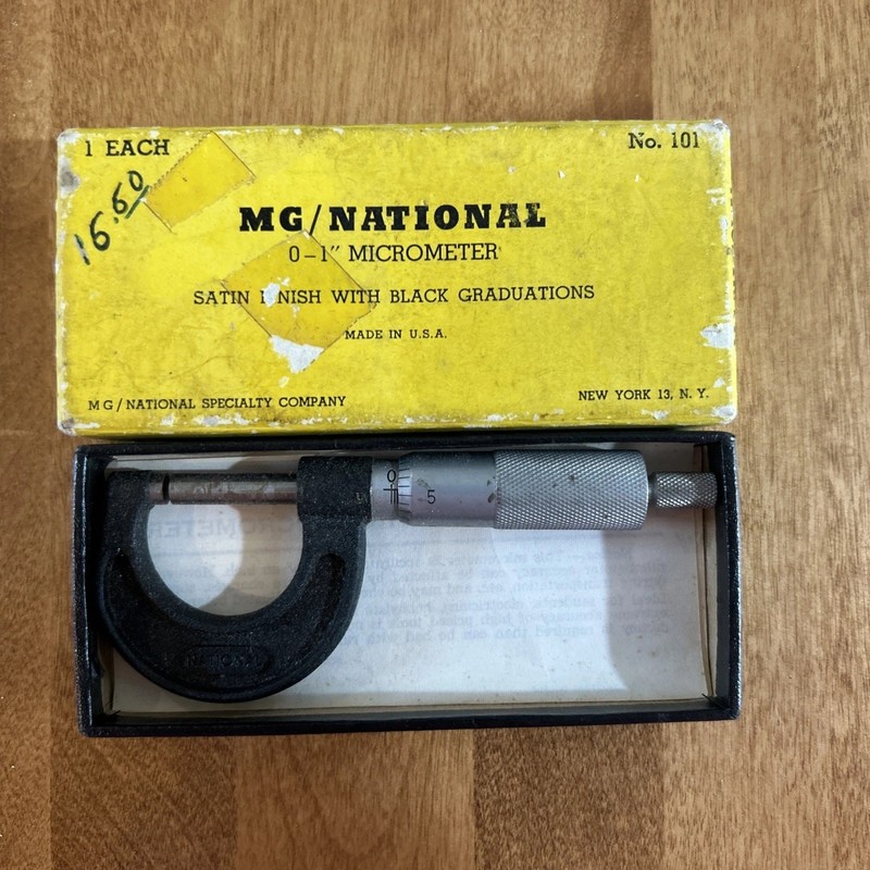 MG/National 0-1” Micrometer Satin Finish Black Graduations No. 101 Made In USA