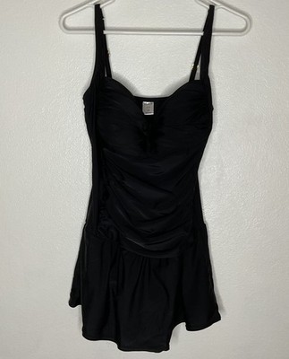 Venus St. Tropez Skirted Swimsuit Dress Size 16 Black Ruched Slimming Beach