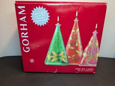 Gorham Set of Three Glass Christmas Tree Oil Lamps Hand Painted 5'', 6'' & 7'' Lamp