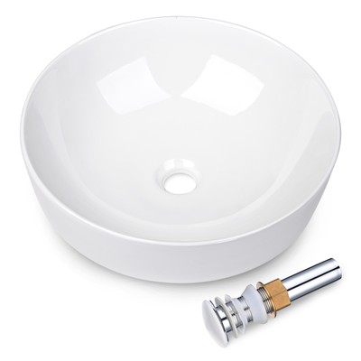 16'' Round Porcelain Ceramic Bathroom Countertop Vessel Sink w/Pop up Drain Hotel