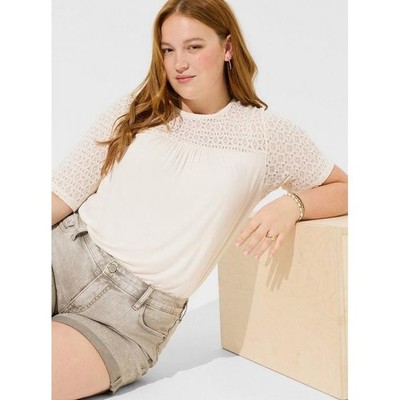 NWT Torrid Super Soft Crew Neck Geo Lace Yoke Elbow Sleeve Top 2X