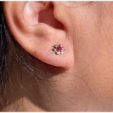 14K Solid Gold Flower Stud Earrings, Fuchsia Pink Cubic Zirconia Floral Posts  