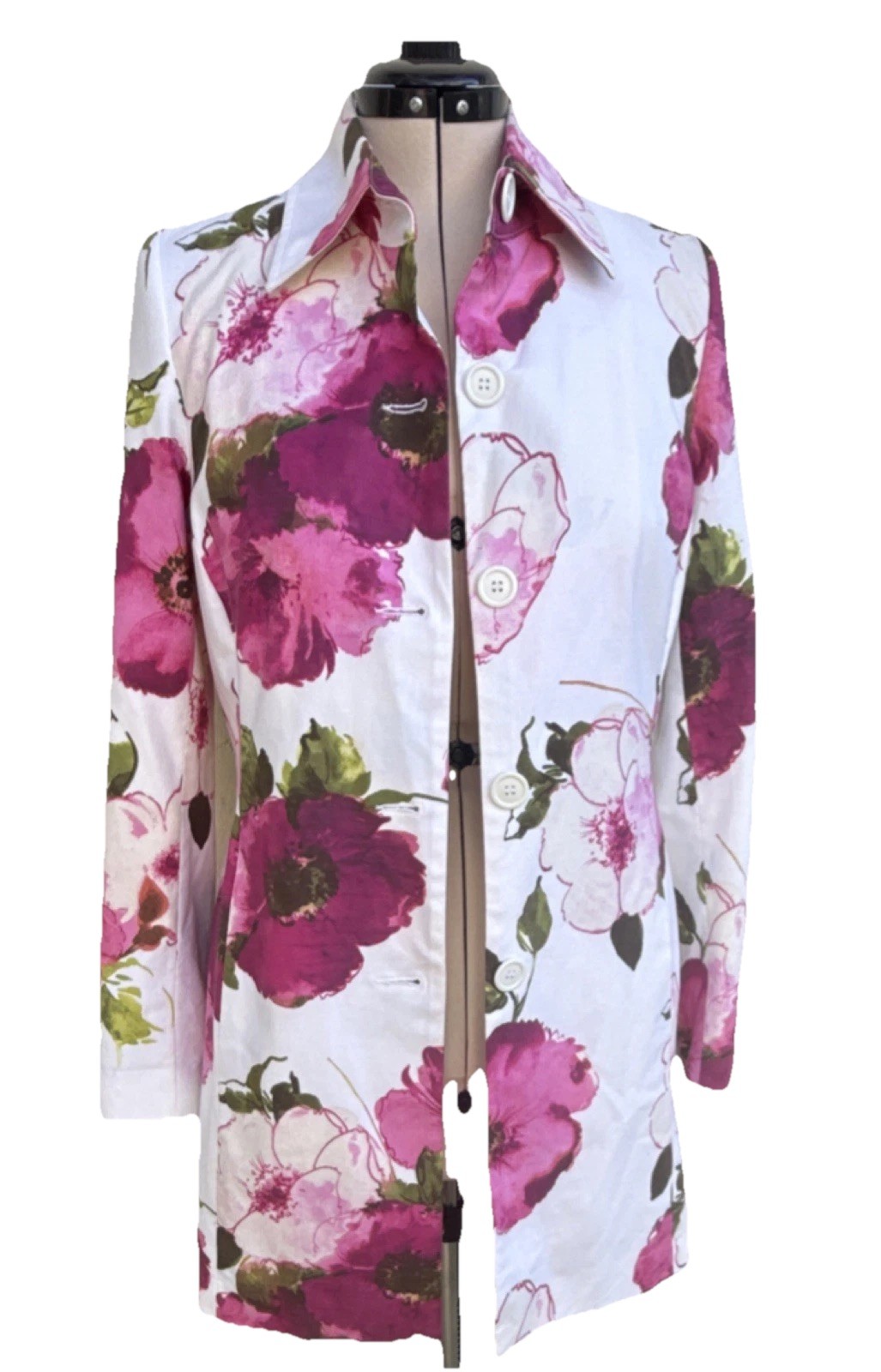 Karen Kane Floral Blazer Jacket Large Pink White Lightweight Spring Layer