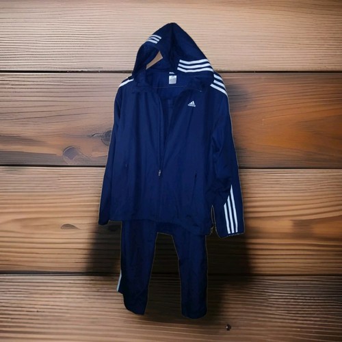 Adidas Track Suit Navy Blue 3 Stripes Mens Medium Hooded Zipped Legs 2006 Y2K - Picture 1 of 23