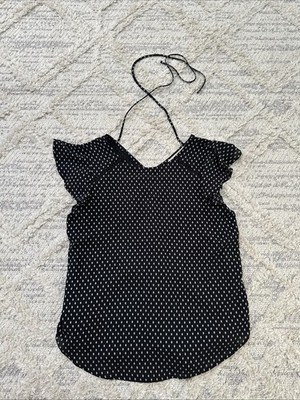 Loft Flutter Sleeve Blouse Black Small Polka Dot Tie Back 