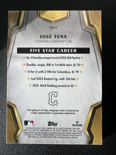 José Tena 2024 Topps Five Star Autographs #FSA-JT Auto - Picture 2 of 2