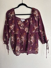 Romantic Cottagecore Burgundy Floral Blouse w/ Sweetheart Neck 3/4 Tie Sleeve L