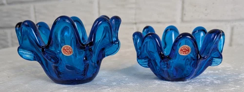 Set of 2 Italian Murano Style Art Glass Cobalt Blue Nesting Bowls with Stickers