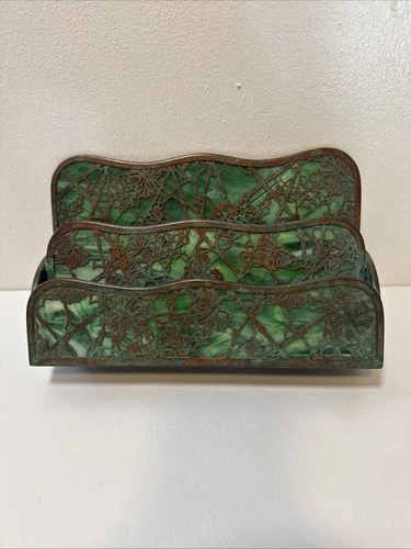 Antique Tiffany Studios NY#1008 Grapevine:Perfect Green Favrile Glass Paper Rack
