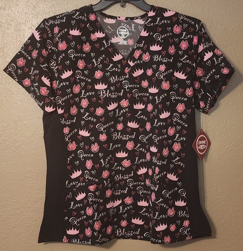 Divine Stretch Scrub Top NURSE Black "Queen/Love/Blessed" M/XL Available NWT