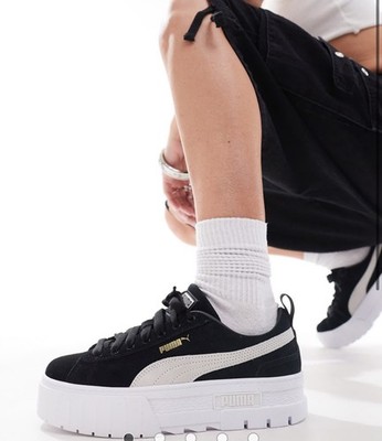 PUMA Mayze Classic Platform Sneakers Women s 7.5 Black Suede White Sole