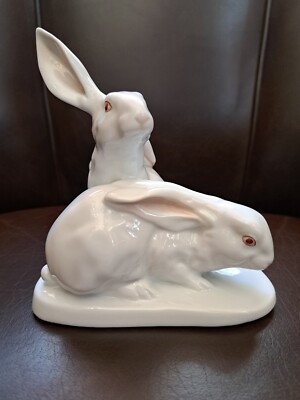 Rare Herend Pair White Rabbits Figurine Éva Vastagh Hungary Signed