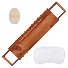 Spa Gift Set Adjustable Teak Bath Tub Tray w Soap Holder, Scrubber & Bath Pillow