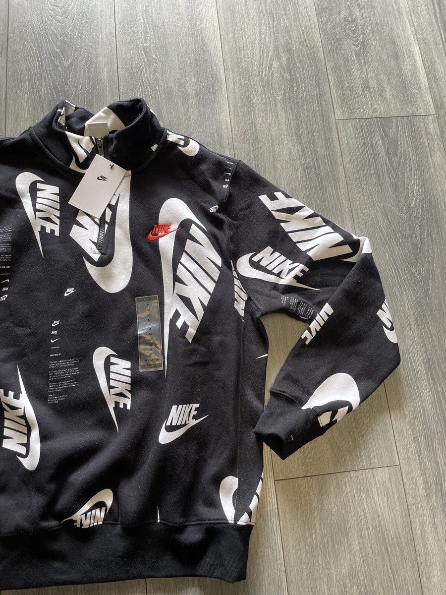 Nike Club Sweatshirt L Black Fleece 1/4 Zip All Over Print