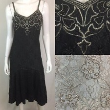 Vintage Women’s Black Lace Rayon Beaded Embroidered India Flare Dress Small
