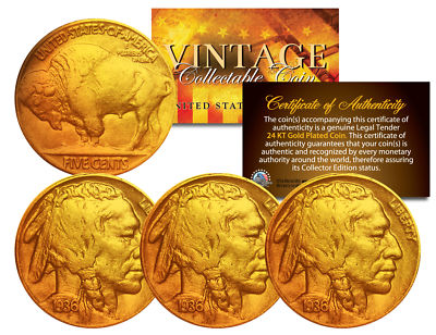 Lot of 3 Various Full Date BUFFALO NICKELS US Coins 24K Gold Plated Indian Head