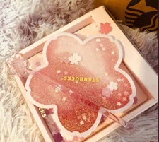 Starbucks Pink Cherry Blossom Coaster w/Stick Pink Sakura Quicksand Cup Coaster