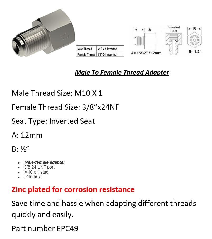 M12 X 1 Male To M10 X 1 Female Brake Pipe Hardline In BRASS Adaptor - Foto 9