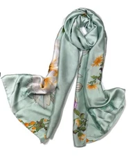 Silk Feel Long Floral Satin Scarves for Women in Gift Box Peony Green