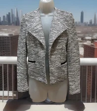 LOFT Cream Black Long Sleeve Open Front Cotton Blend Blazer- PS