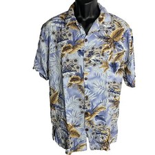 Vintage 90s Hawaiian Button Up Shirt L Blue Floral Camp Pocket Short Sleeves
