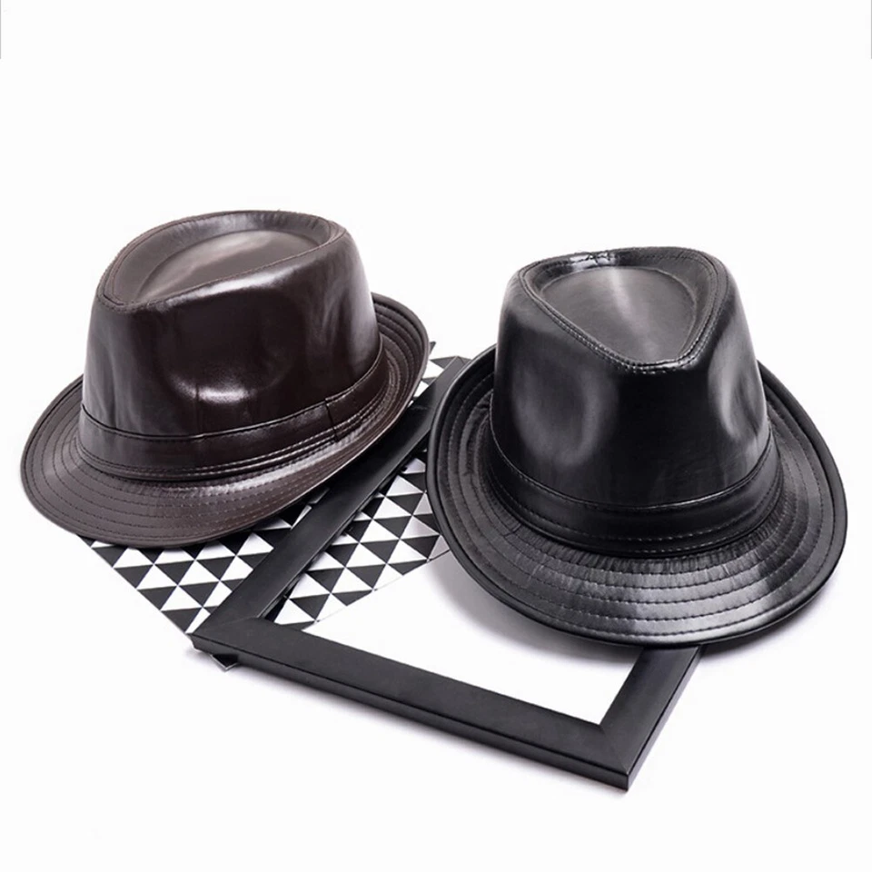 Short Leather Classic PU Trilby Bowler Hat Cap Fedoras Brim Panama for Jazz Men - Image 4 of 4