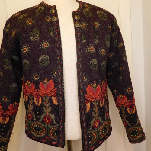 Icelandic Design Medium Sweater Cardigan Floral Full Zip Nordic Fair Isle Wool - Picture 5 of 13