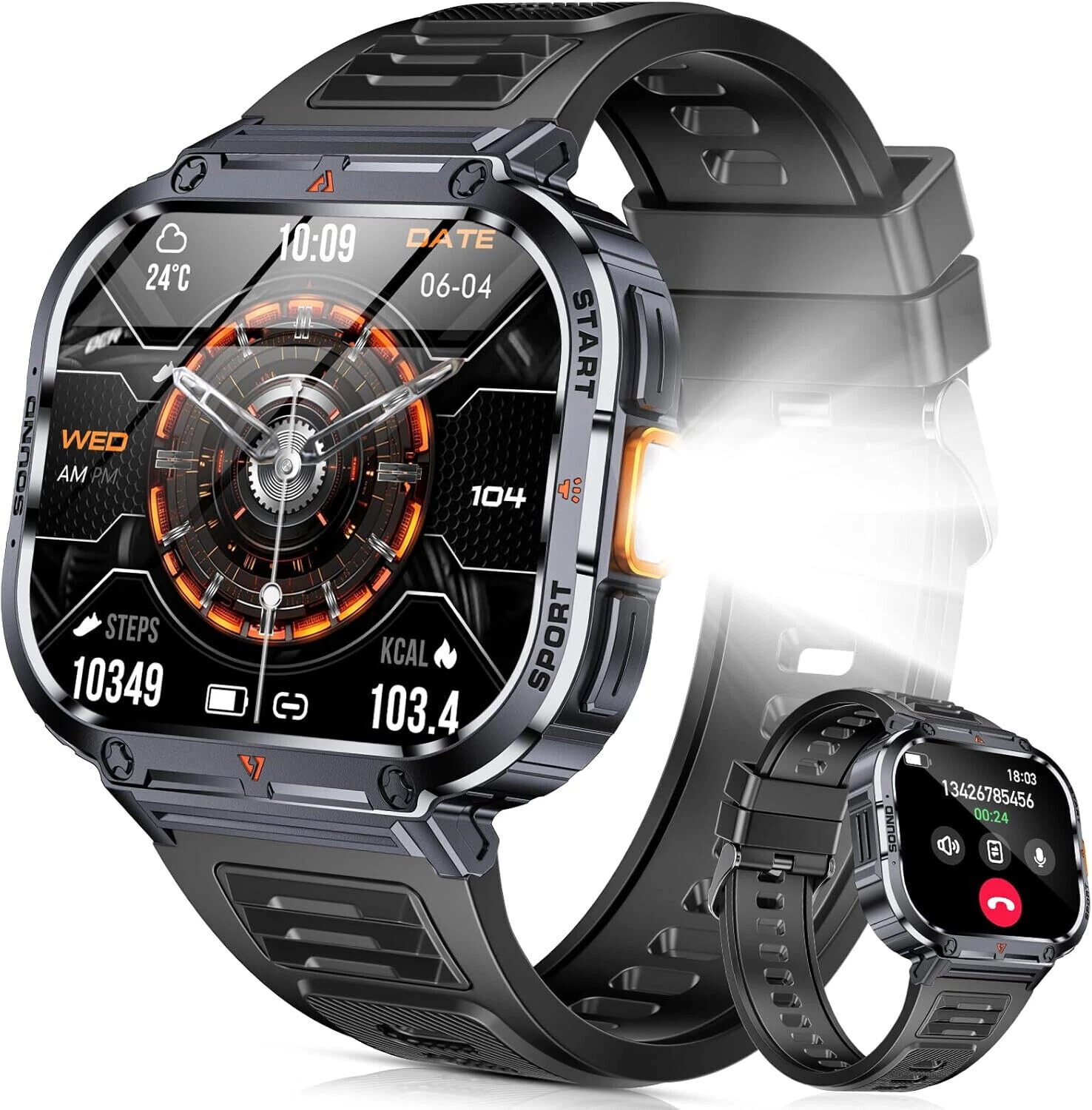 Smart Watch Men with LED Flashlight Wristwatch for iPhone Samsung Huawei