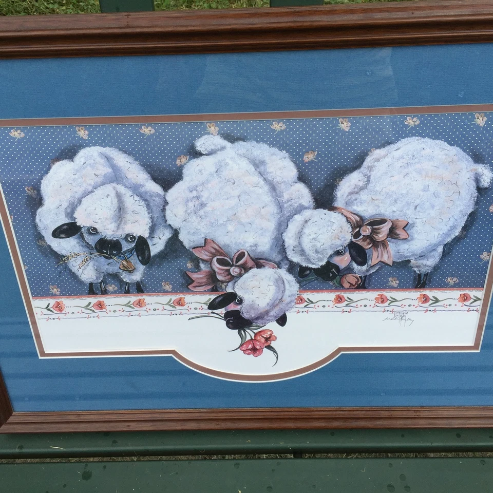 Antique Primitive SHEEP on FARM Wool Baa Baa Black Framed Art SIGNED & RARE - Image 2 of 4