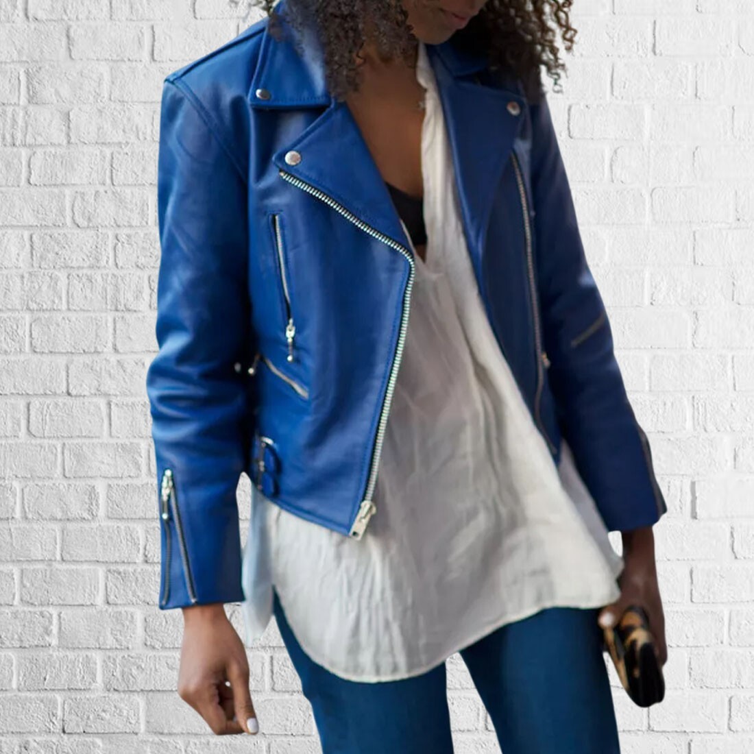 Women's Genuine Blue Lambskin Leather Jacket Motorcycle Biker Leather Jacket