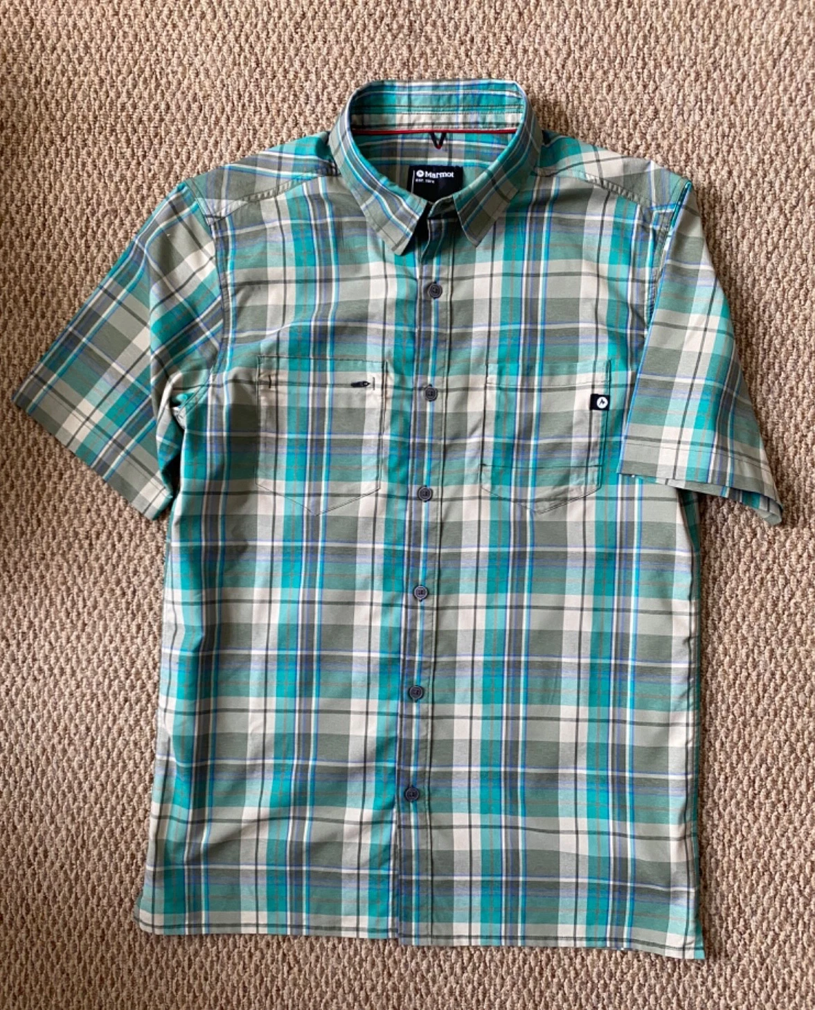 MARMOT GREEN CHECK SHORT SLEEVE HIKING SHIRT M MEDIUM
