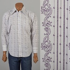 Large 1970s White and Purple Paisley Button Down Shirt Long Sleeve Wing Collar