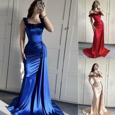 Silk Satin Ruffles Prom Gowns Off Shoulder Evening Party Dresses with Train