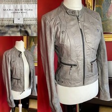 Anrew Marc New York 100% Leather Soft Grey Short Fitted Biker Bomber Jacket M