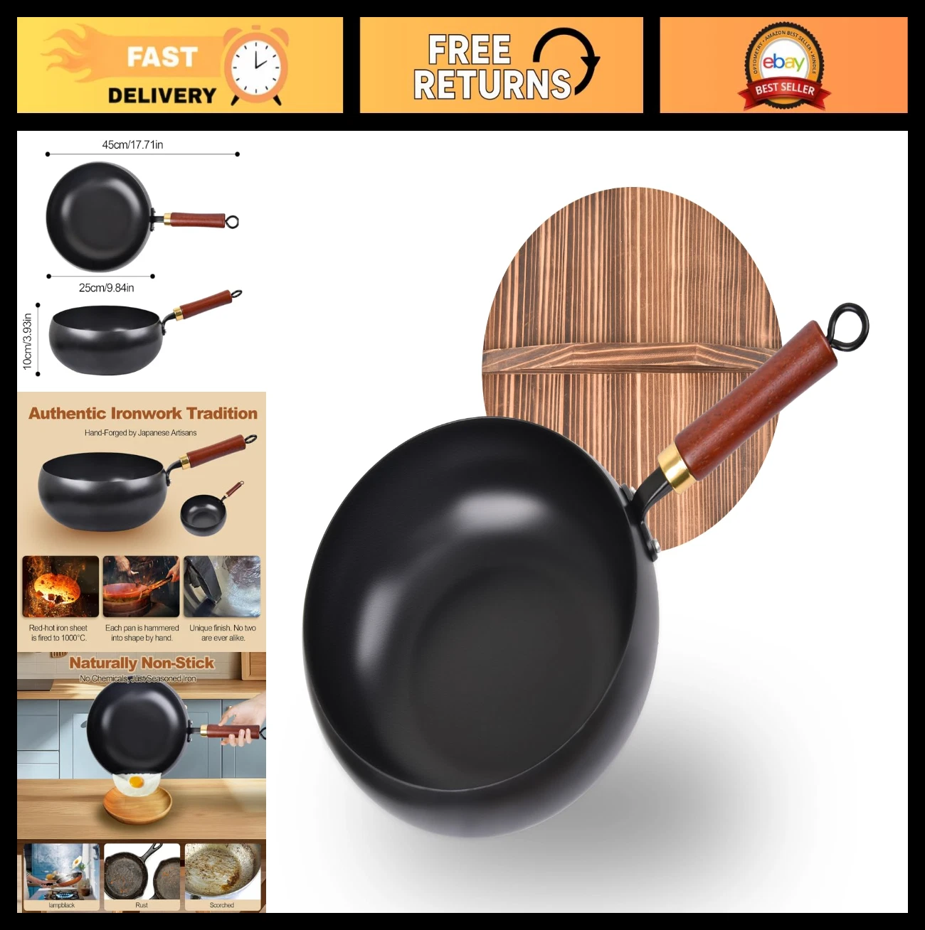 Hand-Forged 9.45" Japanese Iron Pan, Uncoated Non-Stick, Durable Thick Pot with