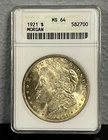 1921 Morgan Dollar ANACS MS64 OLD SOAP BOX Holder-Nicely Toned Beautiful Coin!