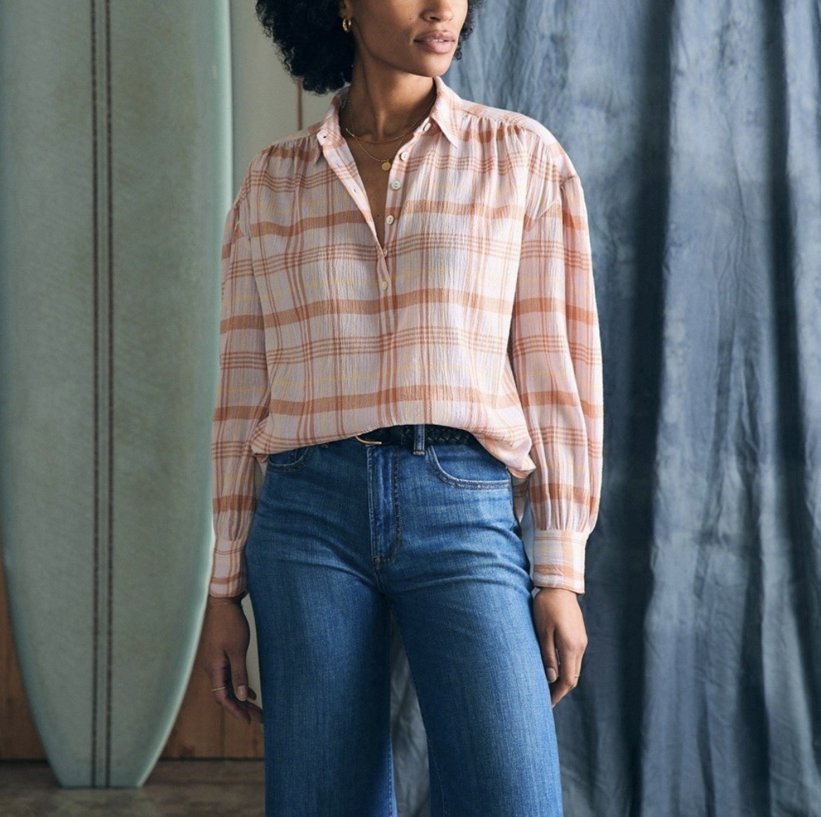 Faherty Womens Olli Blouse In Aroma Plaid Size XS Organic Cotton