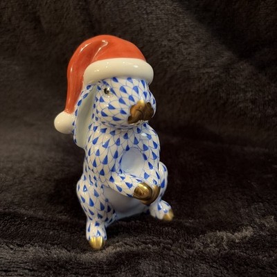 Santa Bunny by Herend Hungary blue Fishnet SANTA HAT RABBIT Figurine