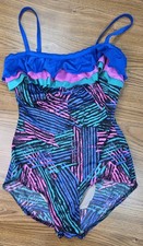 Vintage Robby Len Blue Pink Multicolor Ruffle One Piece Swimsuit 12 Union Made