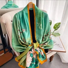 Green Oriental Floral Print Scarf Wrap Shawl Women 180x90cm lotus flowers peonie