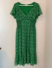 Max Studio Green Ditsy Floral Flutter Sleeve Ruffle Cinchrd Waist Midi Dress M