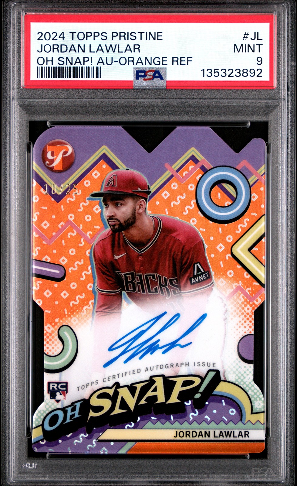 2024 TOPPS PRISTINE OH SNAP! AUTOS ORANGE REFRACTOR JORDAN LAWLAR 10/25 PSA 9 view 1