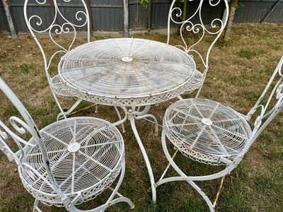 Vintage Cast Iron Metal White Garden Furniture Bistro Set Chairs and  Table UK