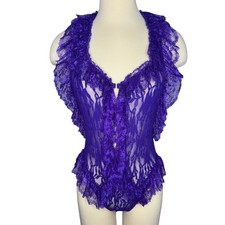 Vintage 80s Purple Sheer Lace Ruffles Open Front Halter Teddy Bodysuit Lingerie