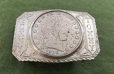 VTG Old Western Sterling Silver 1906 Barber Half Dollar USA Coin Belt Buckle