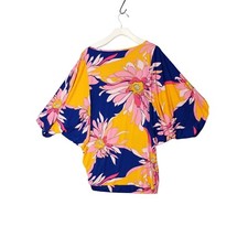 Trina Turk Women Retro 70s Tropical Floral Batwing Mini Dress M Blue Yellow NEW