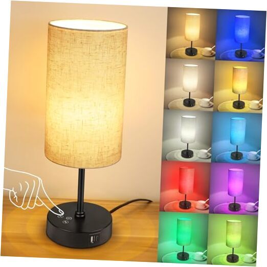 Table Lamp, 3 CCT 3000K/4500K/6500K & RGB Color Changing, Stepless Beige Shade-image