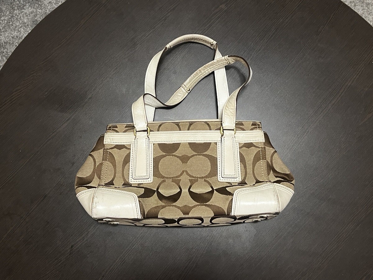 Coach Signature C Canvas Leather Tan and Pink Shoulder Handbag