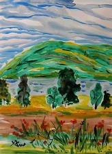 ORIGINAL Landscape Self Taught Folk OUTSIDER Naive Mary Carol art MCW Primitive 