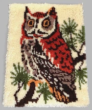 Vtg BARN OWL Latch Hook Rug Wall Hanging, Completed Except Edges, Unused 20xx27"